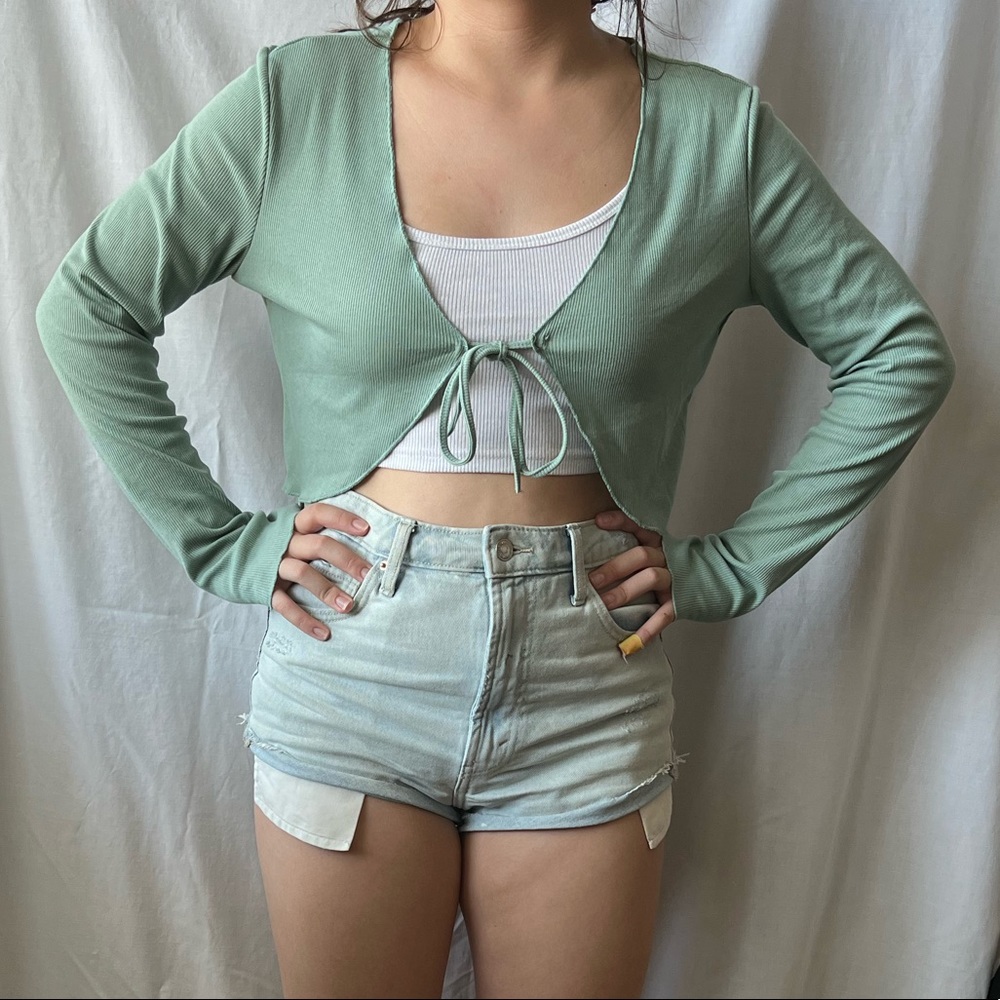 sage green tie front top